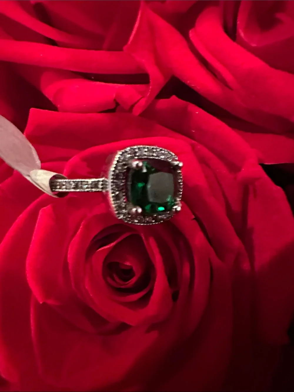 Emerald Cushion Halo Ring with Pavé Band - Green 925 silver